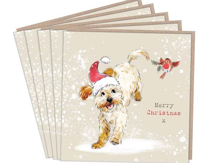 5 Quality Christmas Cards - 1 design 5 Cards  - Christmas Card pack - dog cards -Cockaoo/Labradoodle illustration- Made in UK -no plastic