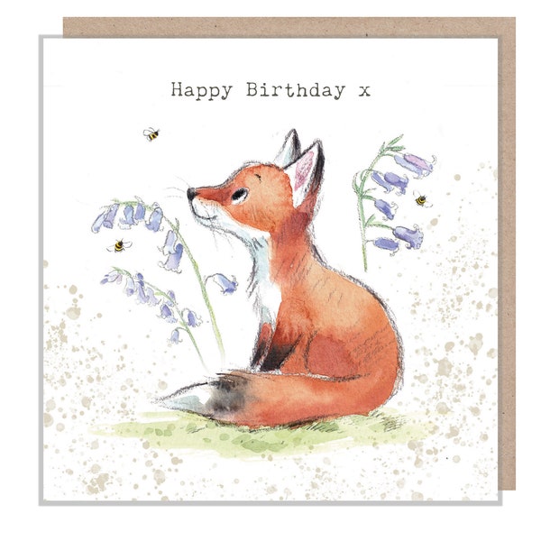 Fox Birthday Card - Quality Greeting Card - Charming Fox and bluebell  illustration - 'Bucklebury Wood'  range - Made in UK -  BWE01