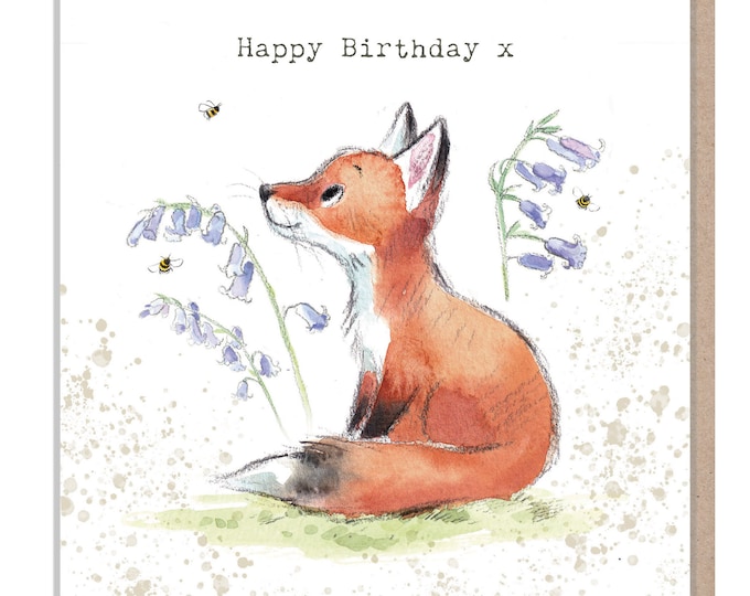 Fox Birthday Card - Quality Greeting Card - Charming Fox and bluebell  illustration - 'Bucklebury Wood'  range - Made in UK -  BWE01