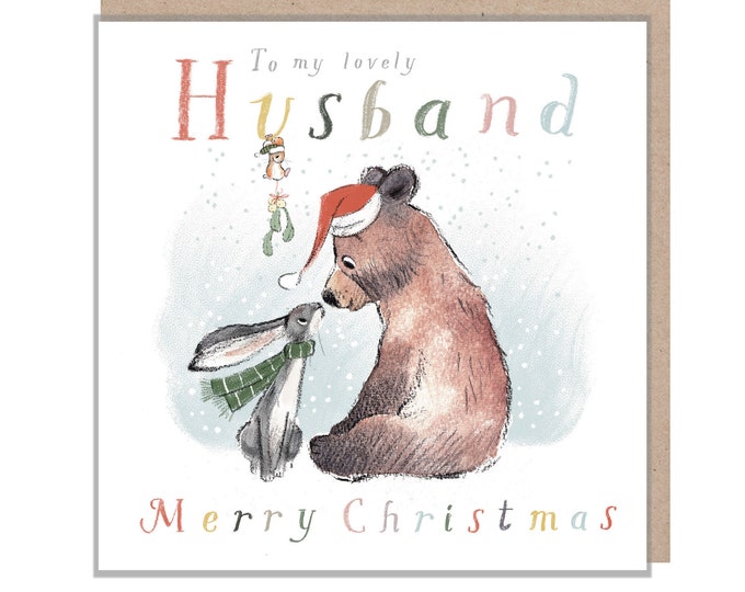 Husband Christmas Card, 'the Bear, the Hare, and the Mouse', Cute heart warming Bear Illustration, to my lovely Husband, made in UK, BHMX012