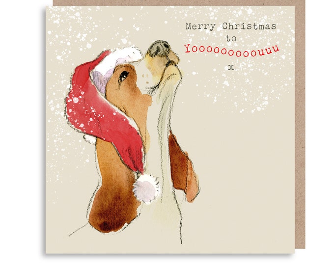 Dog Christmas Card - Quality Christmas Card - Charming illustration - 'Absolutely barking' range- Basset Hound- Made in UK -  ABX07