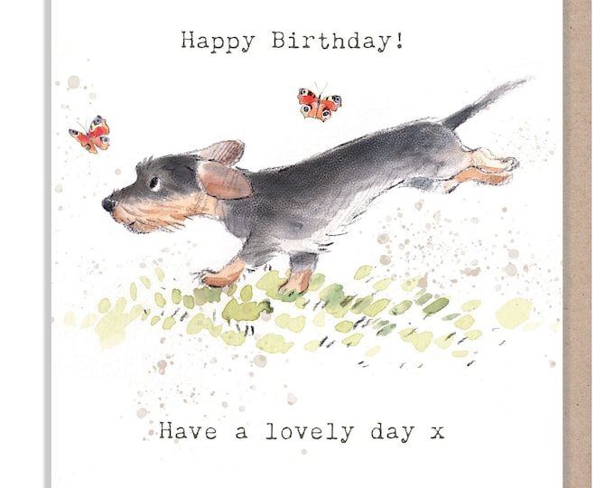 Dog Birthday Card - Quality Greeting Card - Charming illustration - 'Absolutely barking' range - Sausage Dog - Made in UK -  ABE057