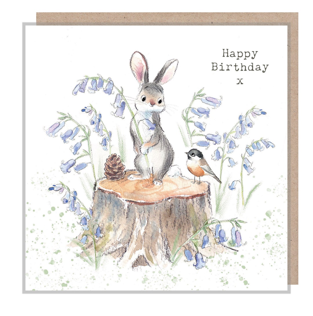 Rabbit Birthday Card - Charming Illustration - Rabbit With Bluebells ...