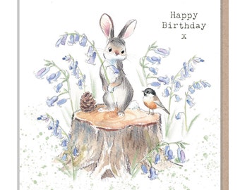 Rabbit Birthday Card - Charming illustration - Rabbit with Bluebells - 'Bucklebury Wood'  range - Made in UK -  BWE09