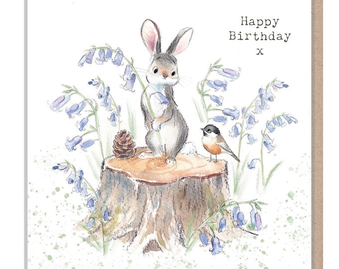 Rabbit Birthday Card - Charming illustration - Rabbit with Bluebells - 'Bucklebury Wood'  range - Made in UK -  BWE09