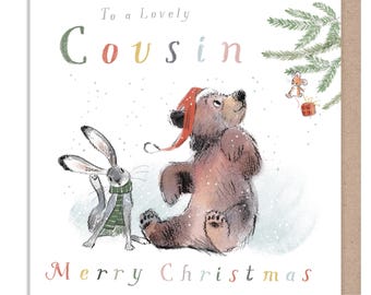 Cousin Christmas Card, 'the Bear, the Hare, and the Mouse', Cute heart warming  Bear Illustration, Bear looking at Mouse, made in UK,BHMX024