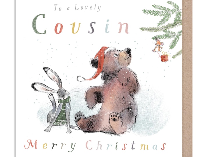 Cousin Christmas Card, 'the Bear, the Hare, and the Mouse', Cute heart warming  Bear Illustration, Bear looking at Mouse, made in UK,BHMX024
