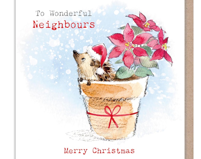 To wonderful Neighbours - Quality Christmas Card - 150 x 150mm - Charming Hedgehog illustration- 'Bucklebury Wood'  range  -  BWX029