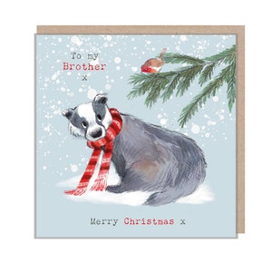 Brother Weihnachtskarte - Dachs und Rotkehlchen Illustration - Frohe Weihnachten - 'Bucklebury Wood' Serie - Made in UK - BWX08