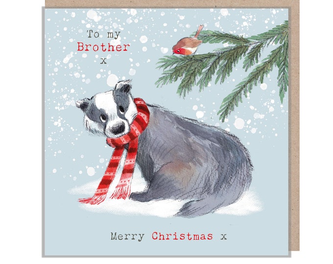 Brother Christmas Card - Badger and Robin illustration - Merry christmas - 'Bucklebury wood' range- Made in UK -  BWX08