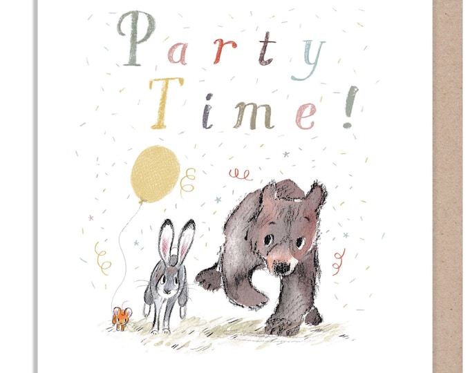 Party Time, Quality Greeting Card, 'the Bear, the Hare, and the Mouse' , heart warming Illustrations, made in UK, no plastic, BHME034