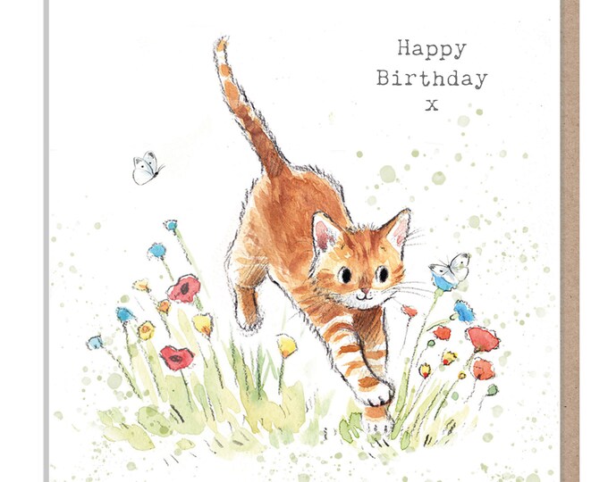 Cat Birthday Card - Quality Greeting Card - Charming illustration - 'Pawsitively Purrect' range - Cat with Flowers - Made in UK-EPP07