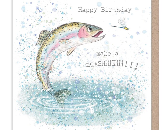 Birthday Card-  Jumping Fish  illustration  - 'Down by the river'  range - Made in UK -  RIV012