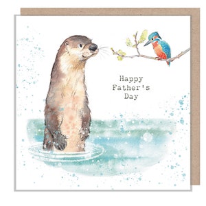 Carte de fête des pères - Illustration de loutre et de martin-pêcheur - Gamme « Au bord de la rivière » - fabriquée au Royaume-Uni - RIVFD01