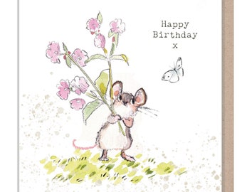 Mouse Birthday Card - Charming illustration - Mouse with Flowers and Butterfly- 'Bucklebury Wood'  range - Made in UK -  BWE011