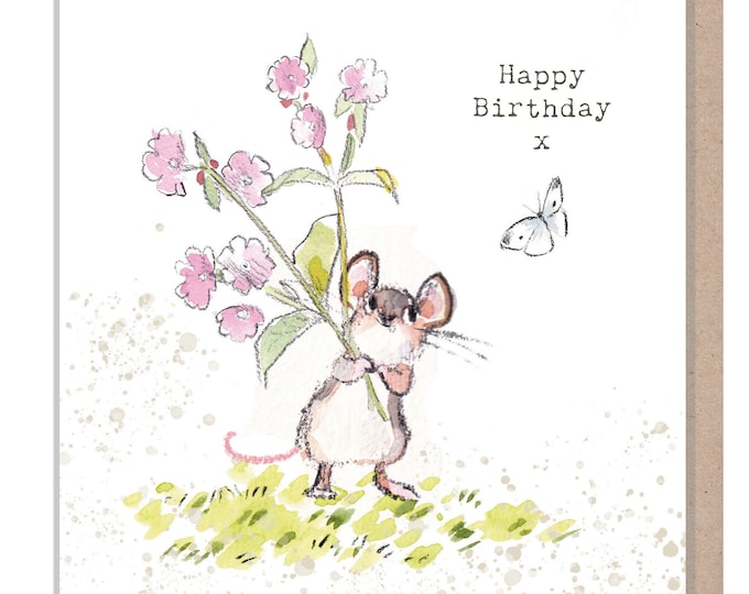 Mouse Birthday Card - Charming illustration - Mouse with Flowers and Butterfly- 'Bucklebury Wood'  range - Made in UK -  BWE011