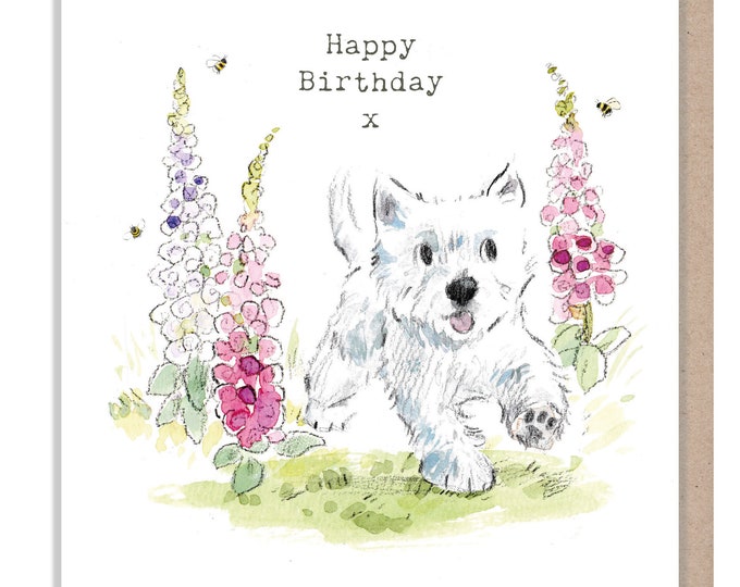 Happy Birthday -Quality Greeting Card - Charming illustration - 'Absolutely barking' range - Westie - Made in UK -  ABE063