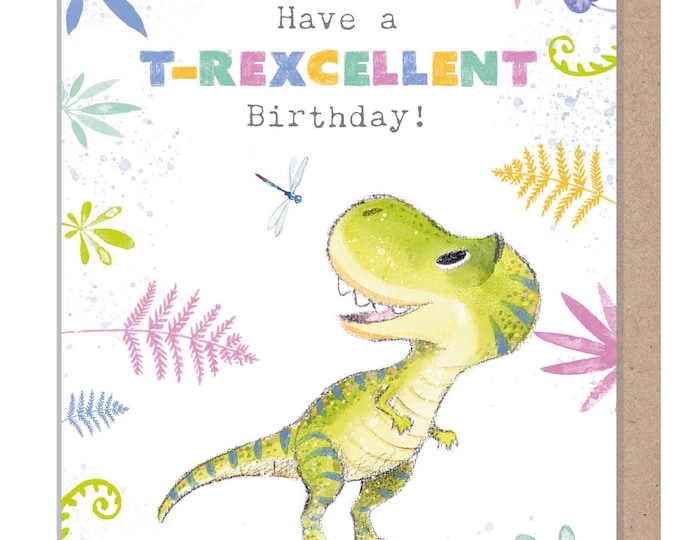 Dinosaur Birthday Card - 'Totally Roarsome' range - Cute Dinosaur illustration - Tyrannosaurus- TR013