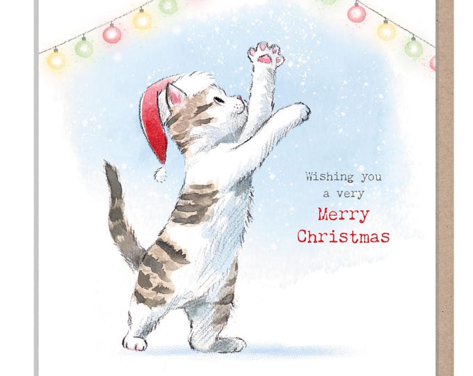 Quality Christmas Card - Charming Cat illustration - 'Pawsitively Purrect' range - Cat with Fairy lights - Made in UK - XPP013