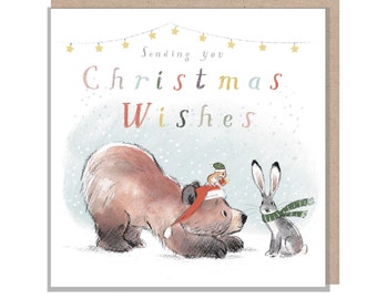 Quality Christmas Card,'the Bear, the Hare, and the Mouse', Cute heart warming  Bear Illustration, Sending Wishes, made in UK, BHMX06