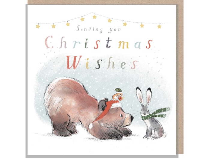 Quality Christmas Card,'the Bear, the Hare, and the Mouse', Cute heart warming  Bear Illustration, Sending Wishes, made in UK, BHMX06