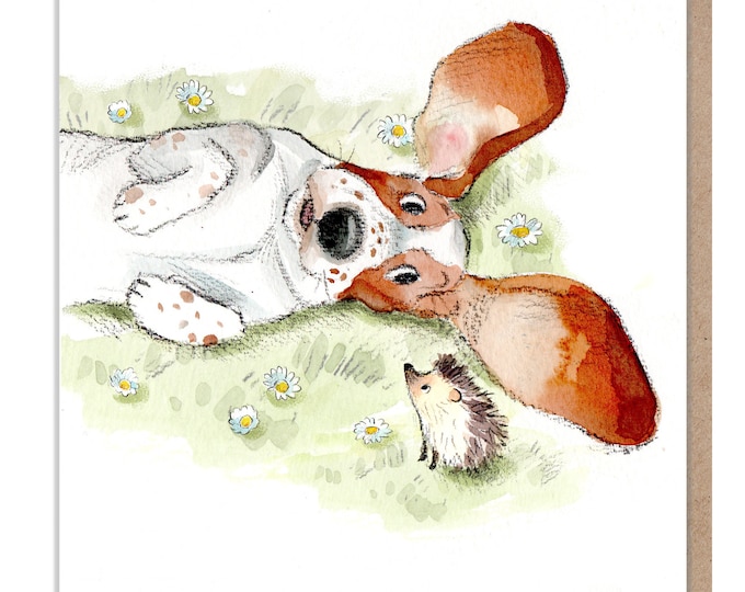 Blank Card - Quality Greeting Card - Charming Dog illustration - 'Absolutely barking' range -Basset Hound and Hedgehog - Made in UK - ABE033