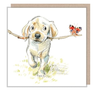 Cartão em branco - Cartão de felicitações de qualidade - Ilustração de cachorro encantador - Faixa 'Absolutamente latindo' - Labrador dourado - Fabricado no Reino Unido - ABE072