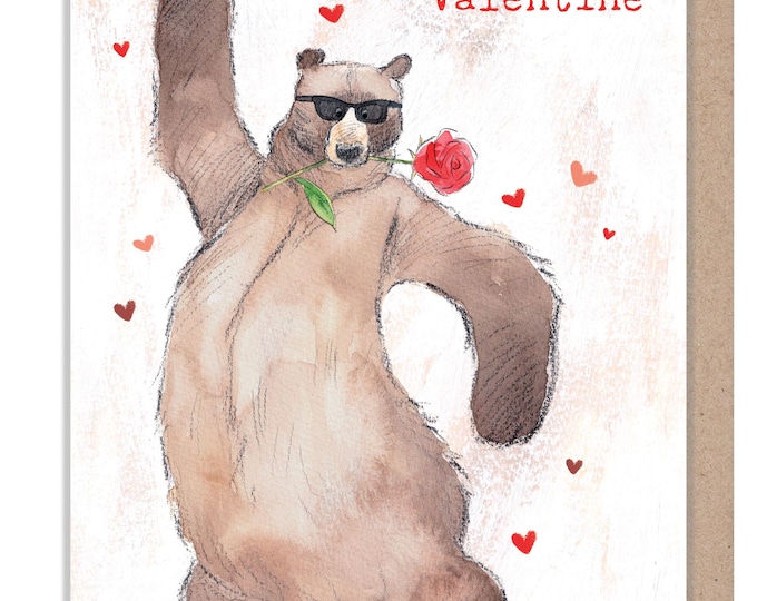 Valentines card - Quality Greeting Card, Bear with rose 'Hey Bear' range, Fun hand Drawn Illustrations, made in UK, HBVAL01