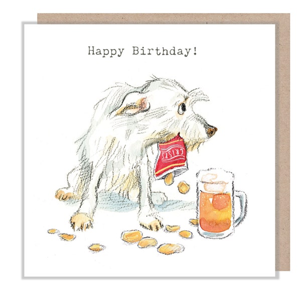 Dog Birthday Card - Quality Greeting Card - Charming illustration - 'Absolutely barking' range - Dog with crisps - Made in UK -  ABE059