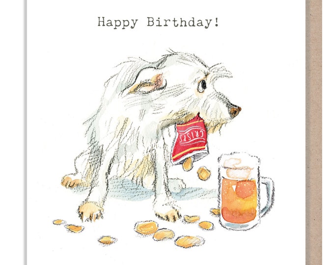 Dog Birthday Card - Quality Greeting Card - Charming illustration - 'Absolutely barking' range - Dog with crisps - Made in UK -  ABE059