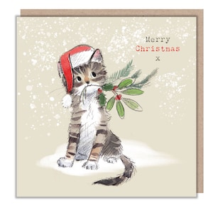 Carte de Noël de qualité - Illustration charmante de chat tigré - Gamme « Pawsitively Purrect » - Chat avec feuillage et chapeau de Noël - Fabriqué au Royaume-Uni - XPP02