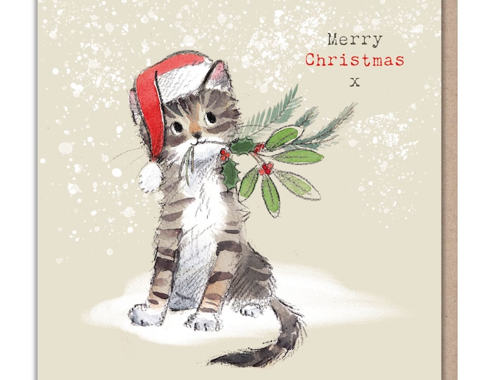 Quality Christmas Card - Charming Tabby Cat illustration - 'Pawsitively Purrect' range - Cat with foliage and xmas hat - Made in UK - XPP02