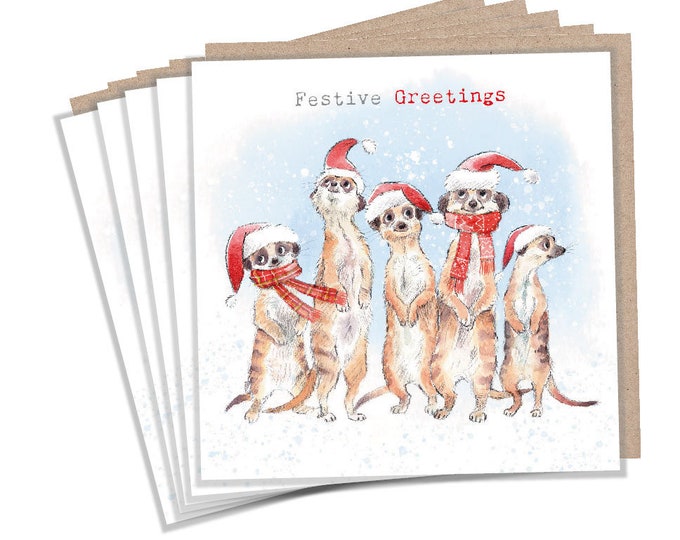 Christmas Card pack - 5 small quality cards with brown recycled envelopes -125 x 125mm-  one design - Cute Meerkats -  XPACK09