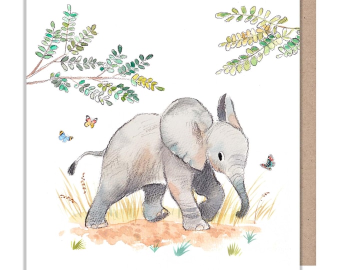 Elephant Blank Card - Charming illustration - Elephant and butterflies - 'Wonderfully Wild'  range - Made in UK -  WWE033