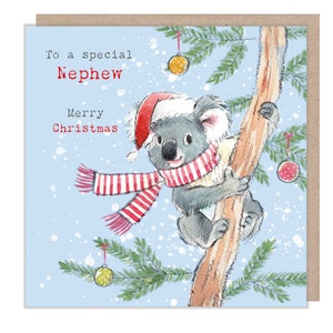 Neffe - Hochwertige Weihnachtskarte - Bezaubernde Illustration - 150 x 150mm - Koala im Baum - 'Wundervoll Wild' Reihe - Made in UK - WWX017