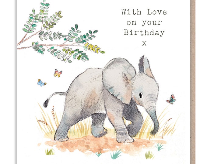 Elephant Birthday Card - Charming illustration - Elephant and butterflies - 'Wonderfully Wild'  range - Made in UK -  WWE03