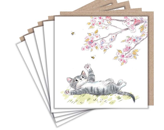 Notelet Pack - 5 small quality cards with recycled brown envelopes (125 x 125mm)  - Tabby with Blossom- EPACK011