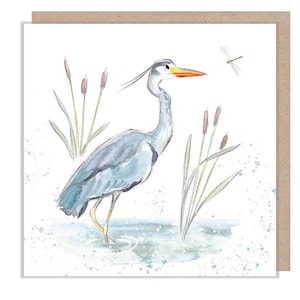 Heron - Blanco -Kwaliteitswenskaart - Heron illustratie - 'Down by the river' bereik - made in UK - RIV05