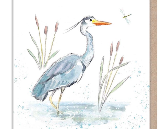 Heron - Blank -Quality greeting Card - Heron illustration - 'Down by the river' range - made in UK  - RIV05