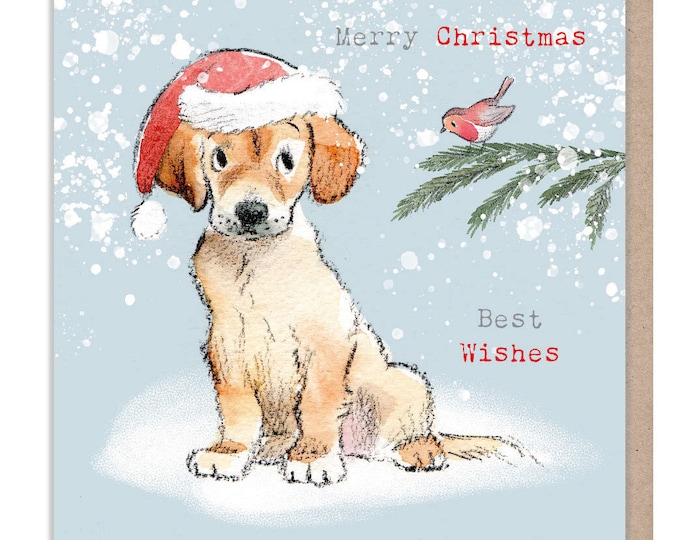 Merry Christmas - Quality Christmas Card - 150 x 150mm -  Charming Dog illustration - 'Absolutely barking' range - Made in UK -  ABX0111