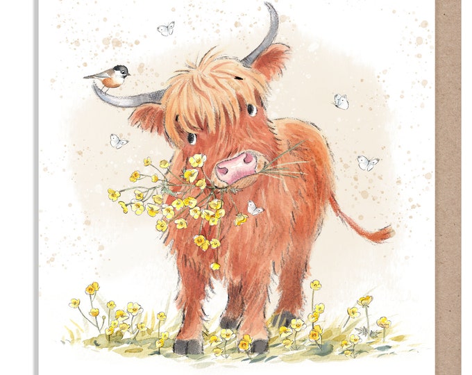 Blank Card - Quality Greeting Card - Charming illustration - 'Buttercup Farm' range - Highland Cow - Made in UK -  BF011