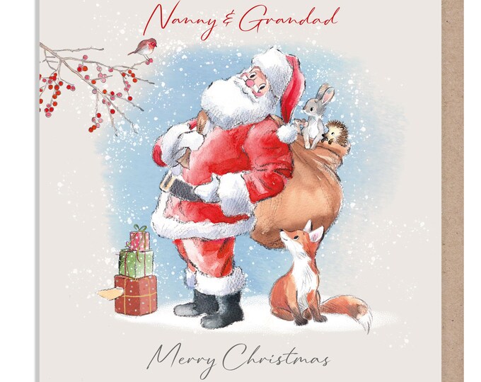 Nanny and Grandad - Quality Christmas Card -150 x 150mm - Santa carrying sack illustration - 'Wintery Tails'  range - Made in UK - WT015