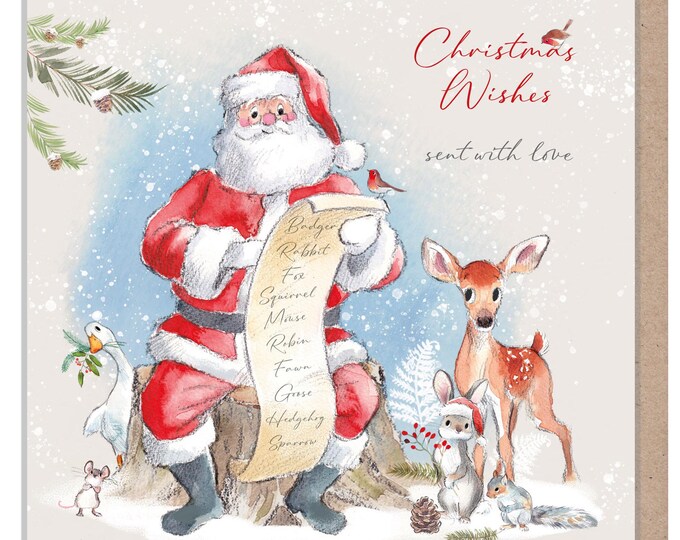 Quality Christmas Card- Christmas Wishes -150 x 150mm - Santa's List - 'Wintery Tails'  range - Made in UK - WT06