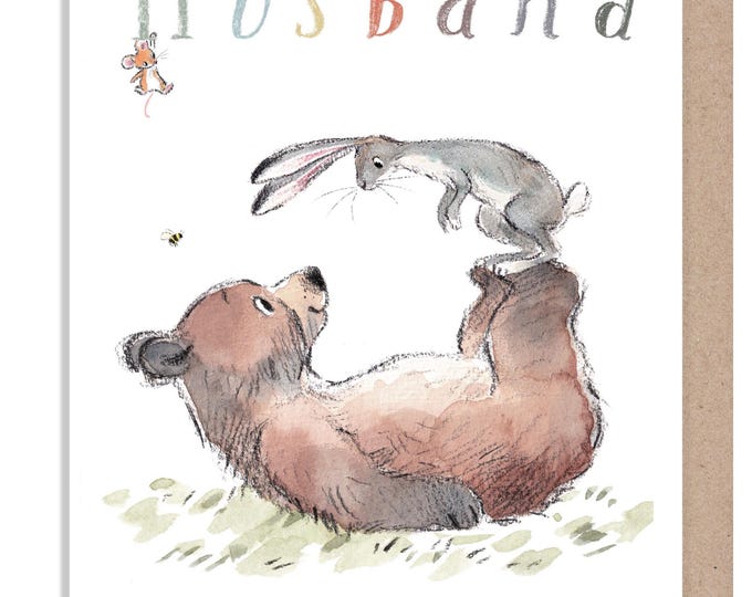 Husband Anniversary Card -Quality Card, To my Lovely Husband 'Bear, the Hare, and Mouse' heart warming Illustrations, made in UK, BHME035