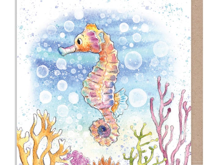 Sea Turtle - Seahorse -  Quality greeting Card - 'by the Seashore' range - made in UK - SEA015