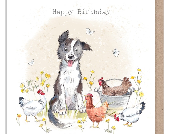 Birthday Card - Quality Greeting Card - Charming illustration - 'Buttercup Farm' range - Dog and chickens- Made in UK -  BF02