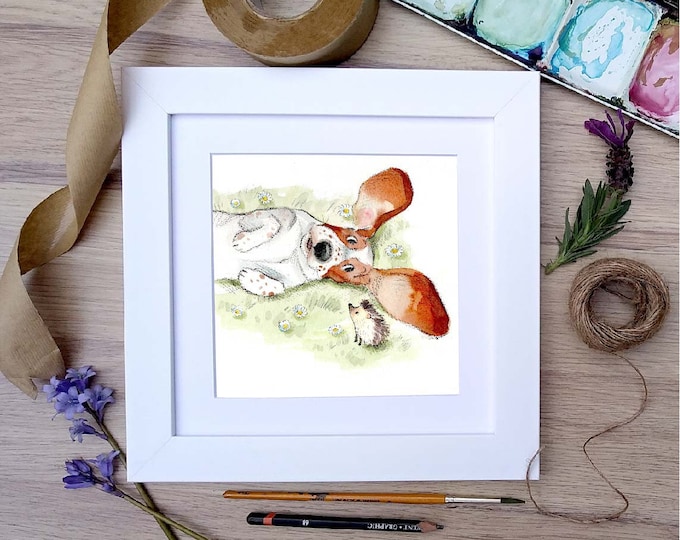 Framed Print - Bassett Hound - Charming Illustration in soft pencil and watercolour - 25cm x 25cm -  FRABE033