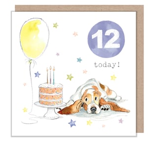 Carte d'anniversaire 12 ANS - Charmante illustration - Basset Hound, gamme « Party Time » - Fabriquée au Royaume-Uni - PTAGE012