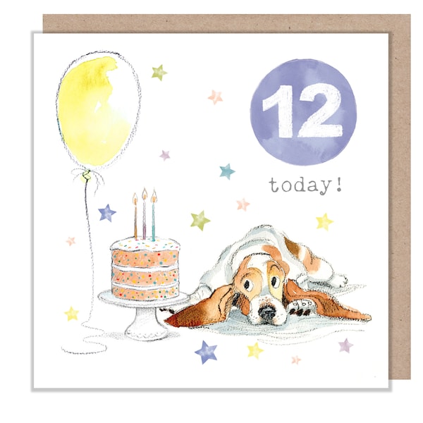 Geburtstagskarte zum Alter von 12 Jahren – bezaubernde Illustration – Basset Hound, „Party Time“-Reihe – hergestellt in Großbritannien – PTAGE012