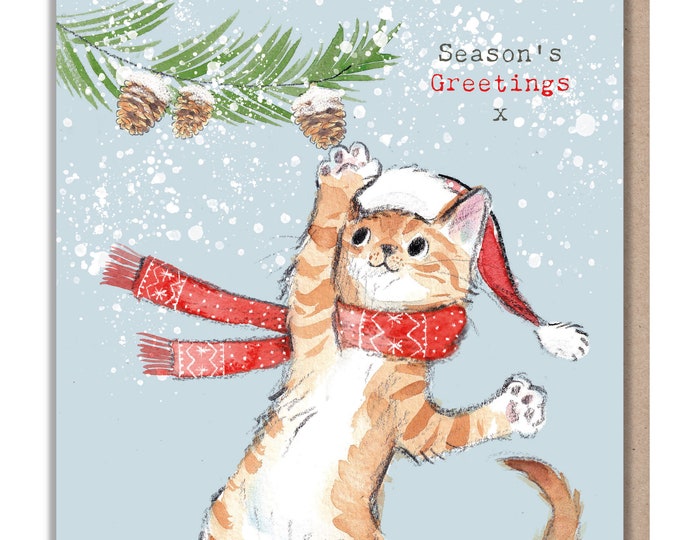 Quality Christmas Card - Charming Cat illustration - 'Pawsitively Purrect' range - Ginger Cat in xmas hat and scarf - Made in UK - XPP04